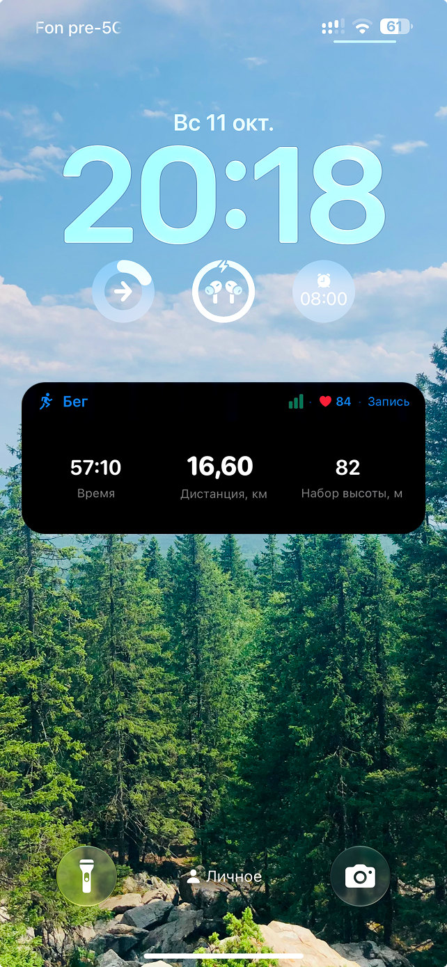 Экран блокировки iPhone с Live Activity: бег, время 57:10, дистанция 16,60 км, набор высоты 82 м, пульс 84 и статус GPS