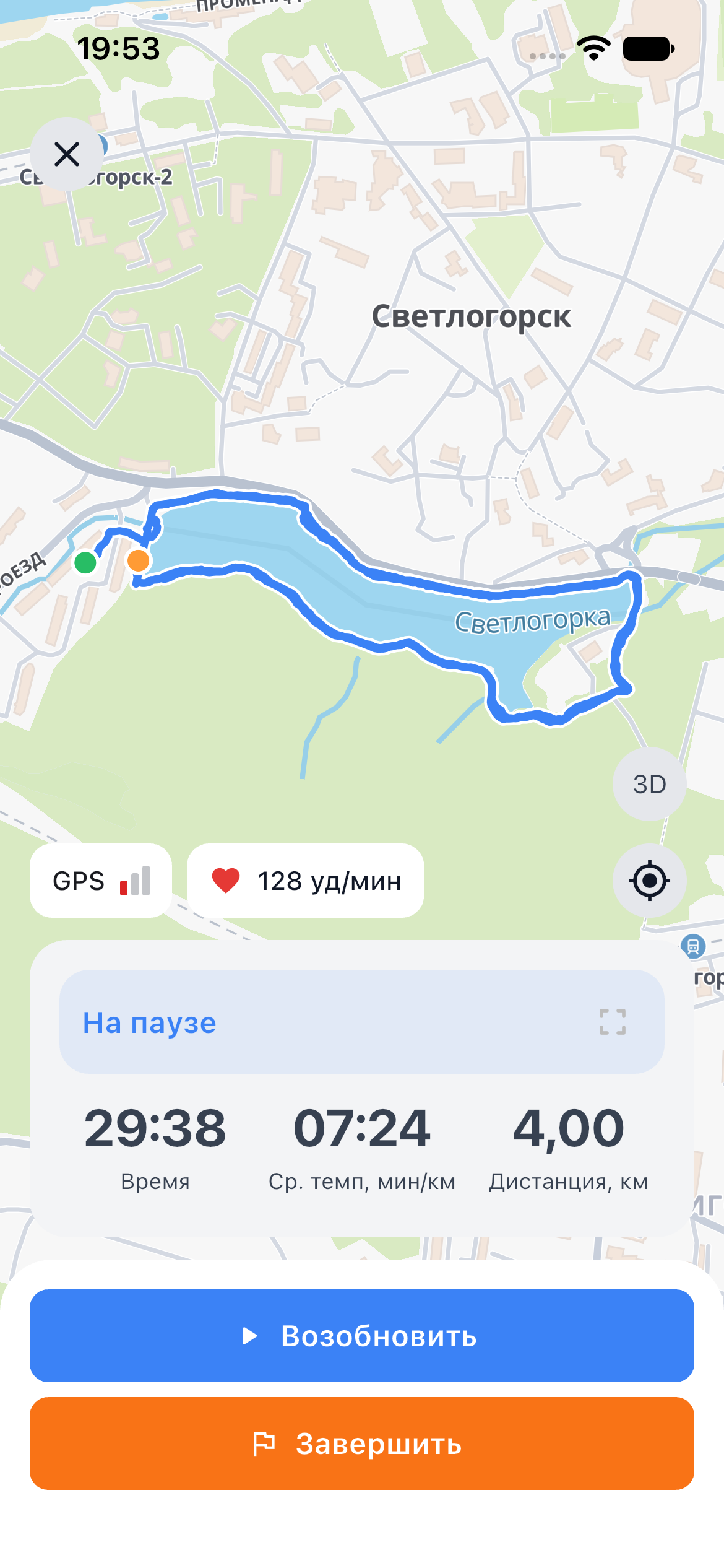 Карта беговой тренировки — Карта и показатели на паузе.